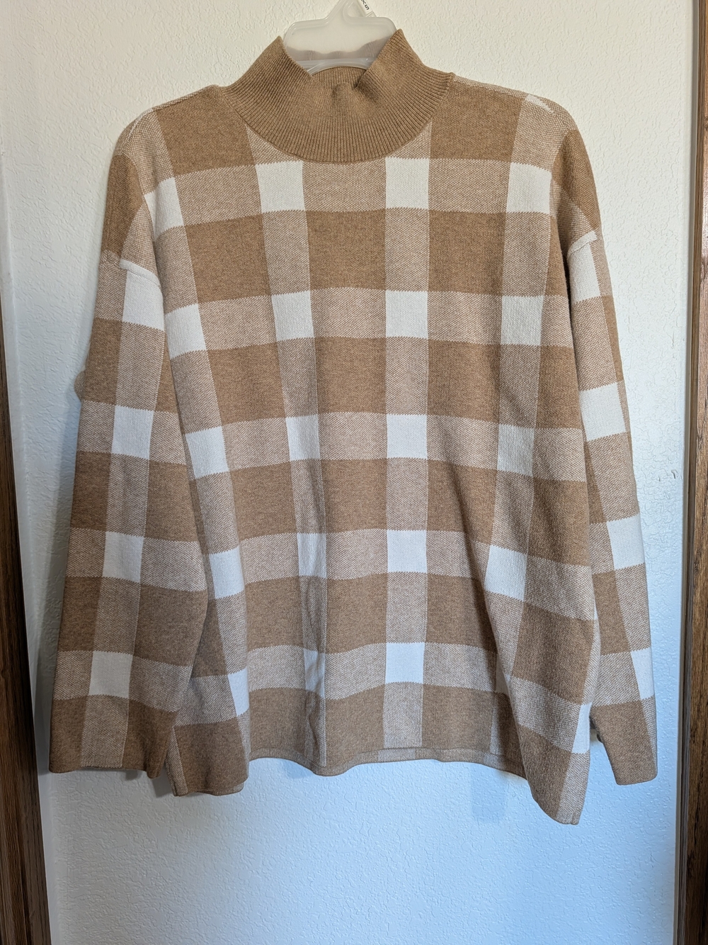 LOFT Beige and White Check Mock neck Sweater